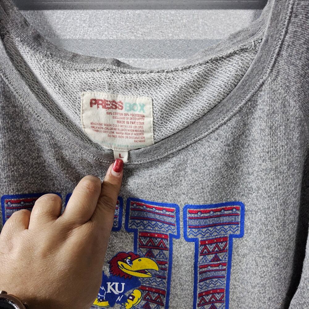 KU Kansas Jayhawks Women's Large Sweater Sweatshirt Press Box Gray Thumb hole - Picture 4 of 6